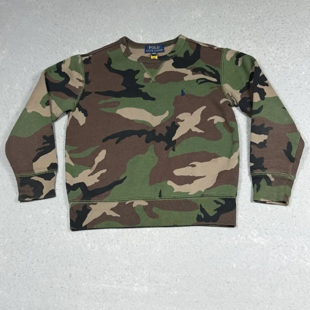 Polo Ralph Lauren Camo Sweater Kids Boys Size Small Green Brown Camouflaged Crew